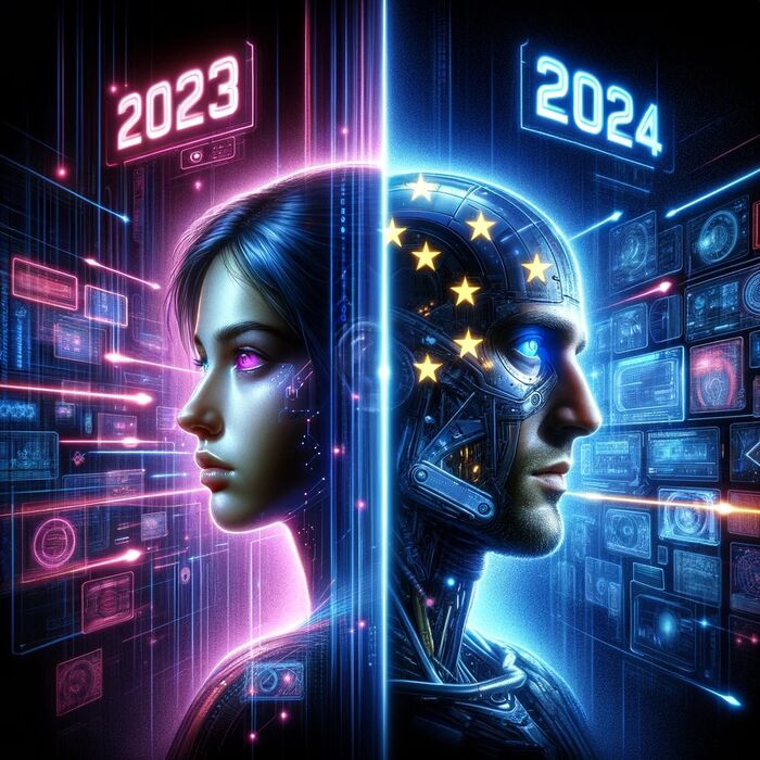 visueller Übergang von 2023 zu 2024, Darstellung einer KI generierte Frau links, und eines KI generierter Mann rechts